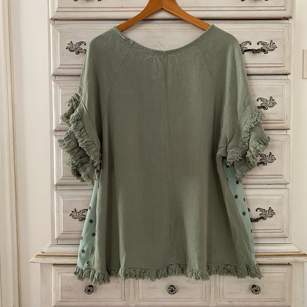 Umgee Sage Green Polka Dot Fringe Sleeve Tunic - Picture 2 of 4